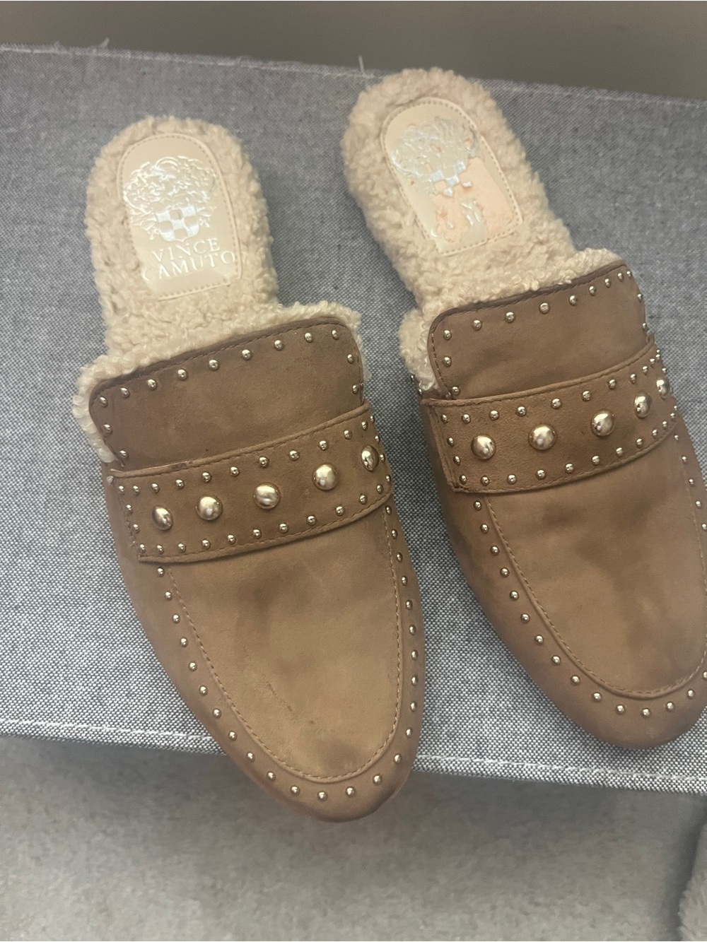 Vince Camuto Chestnut Brown Suede Studded Shearling Mules